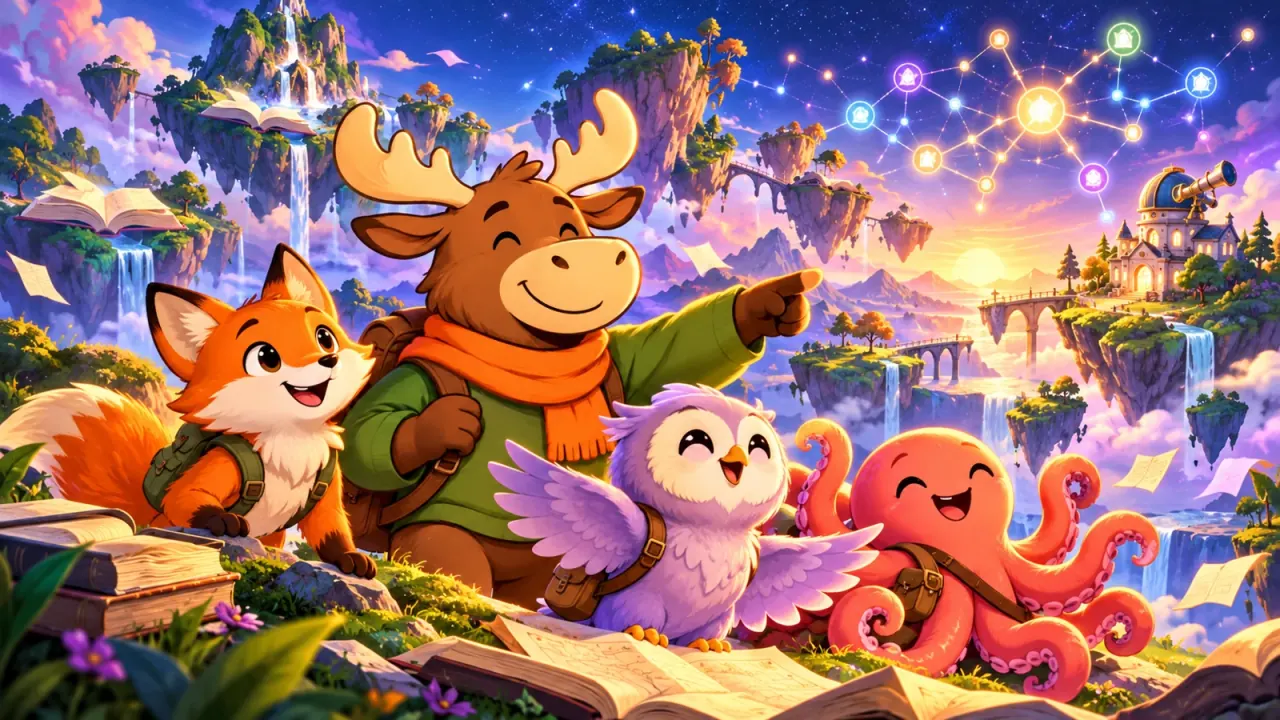 Moose, Pip, Nova, and Inky exploring a colorful world of research ideas.