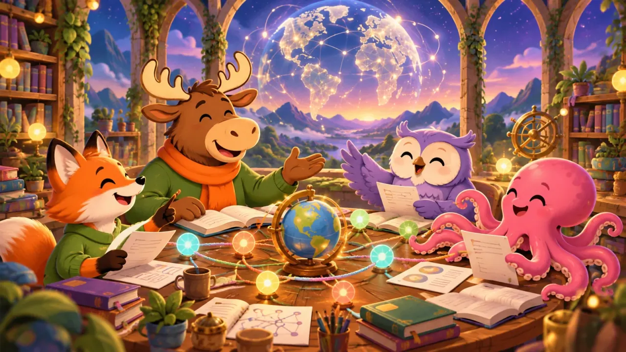 The R3ciprocity characters sharing books and ideas around a table in a bright observatory.